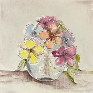 Flower floral ink and watercolor hand painted canvas wall decor